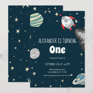 Far Out Rocket and Planets Boy First Birthday Inbjudningar
