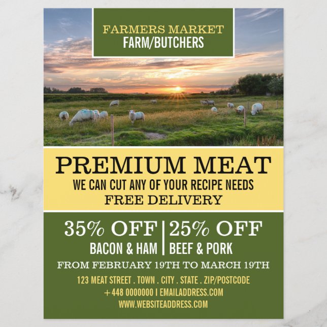 Får på fältet, bonde och slaktare reklam reklamblad (Framsidan)