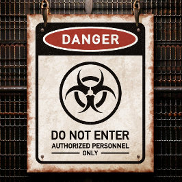 Fara, KOM EJ IN rostig skylt & biohazardsymbol