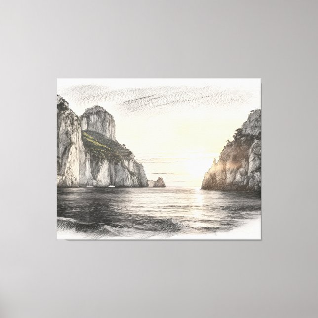 Faraglioni cliffs over capri sea sunset drawing canvastryck (Framsida)