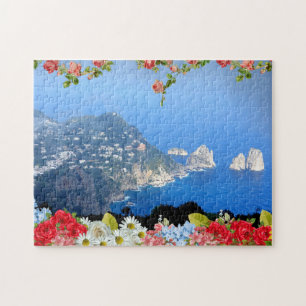 Faraglioni sten Capri Island, Italien med blommor Pussel