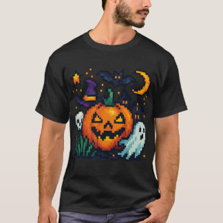 Farbenfrohes Halloween Pixelart – Kürbis, Geist &  T Shirt