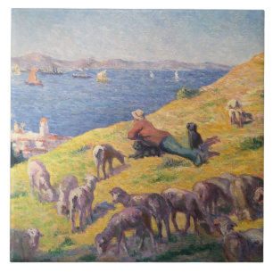 Fårbesättning med hans får som vaktar havet kakelplatta