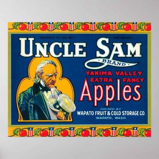 Farbror Sam Apple-etikett (blå) - Wapato, WA Poster (Framsidan)