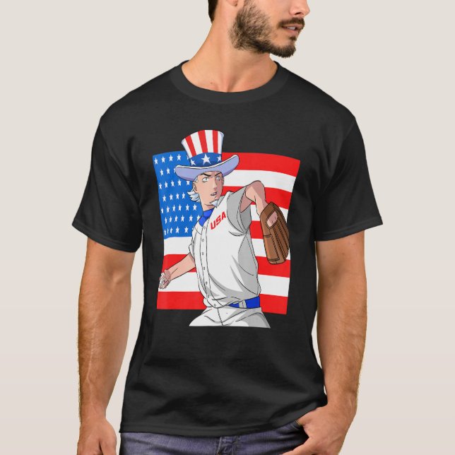 Farbror Sam Baseball Pitcher 4:e juli, amerikansk  T Shirt (Framsida)