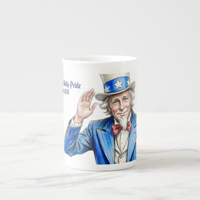 Farbror Sam Glad 4:e juli Patriotisk Benporslin Mugg (Framsidan)