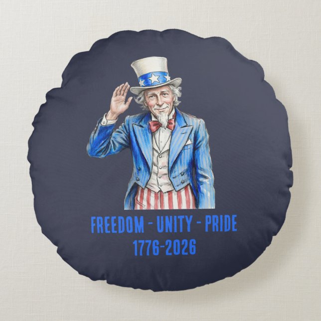 Farbror Sam Glad 4:e juli Patriotisk Rund Kudde (Framsidan)