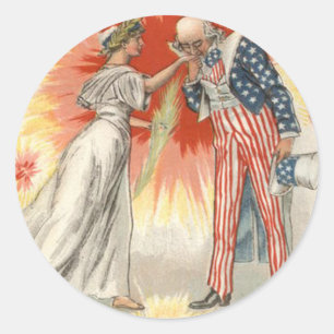 Farbror Sam Liberty US Flag Eldsprutande fyrverker Runt Klistermärke