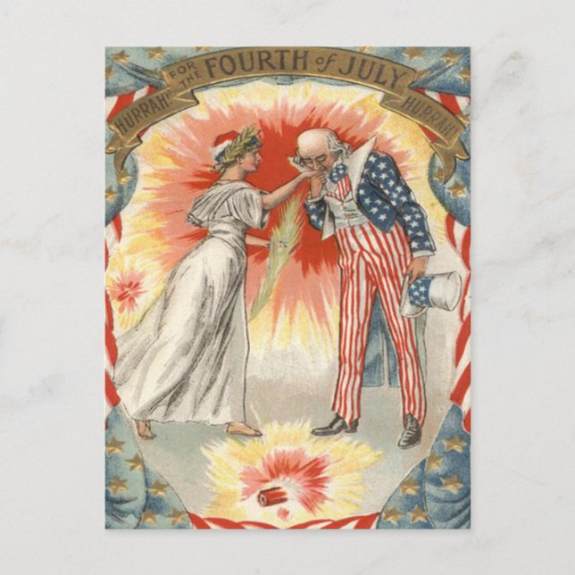 Farbror Sam Liberty US Flag Eldsprutande fyrverker Vykort (Framsida)