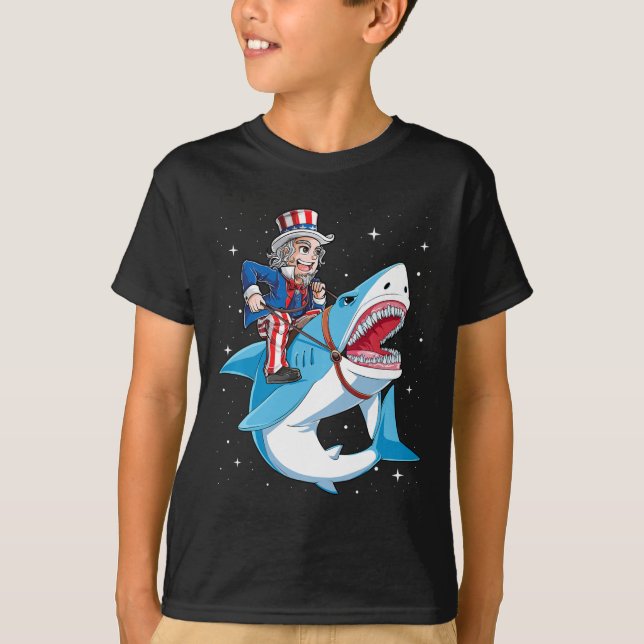 Farbror Sam Riding Shark T Shirt 4:e juli Kids Bo (Framsida)