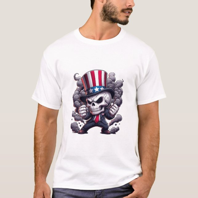 Farbror Sam Skalle T-Shirt – Patriotisk Skalle Gra (Framsida)