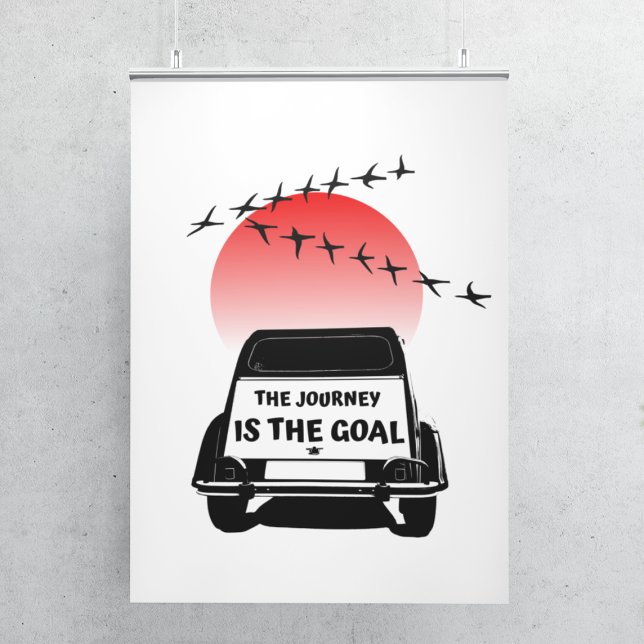 Färden är målet Solnedgång - äldre 2CV Poster (2CV Poster in White with a Red Sunset and Birds Illustration)