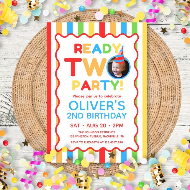 Färdig Två Födelsedagsfest Färgglad 2-års Födelsed Inbjudningar (Ready Two Party Colorful 2nd Birthday Photo Invitation)