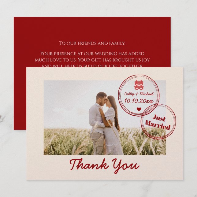Färdigt foto på dubblan över rött destination bröl tack kort (Fram/baksida)