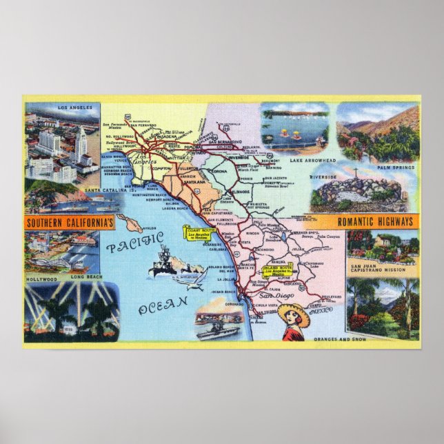Färdplan för södra CA Romantic Highways Poster (Framsidan)