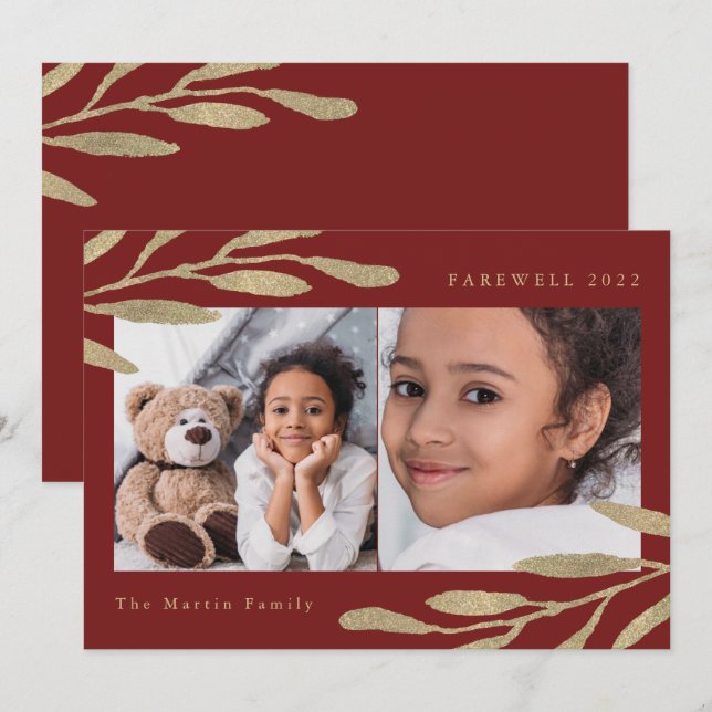 Farewell 2022 Faux Guld botanical Two Photo Red Julkort (Fram/baksida)