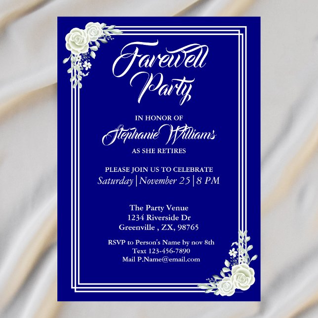 Farewell Elegant Script Blue Vit ros Party Inbjudningar (Skapare uppladdad)