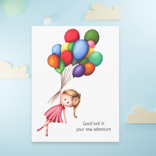 Farewell Girl med Colorful Balloons Personlig Vykort (Adorable farewell postcard with a girl and balloons)