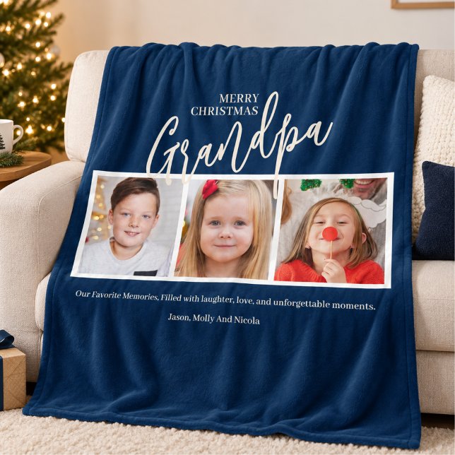 Farfar 3 Fotosammanställning Farfar Julpresent Fleecefilt (christmas grandpa we love you grandpa photo collage typography modern grandchildren keepsake simple )