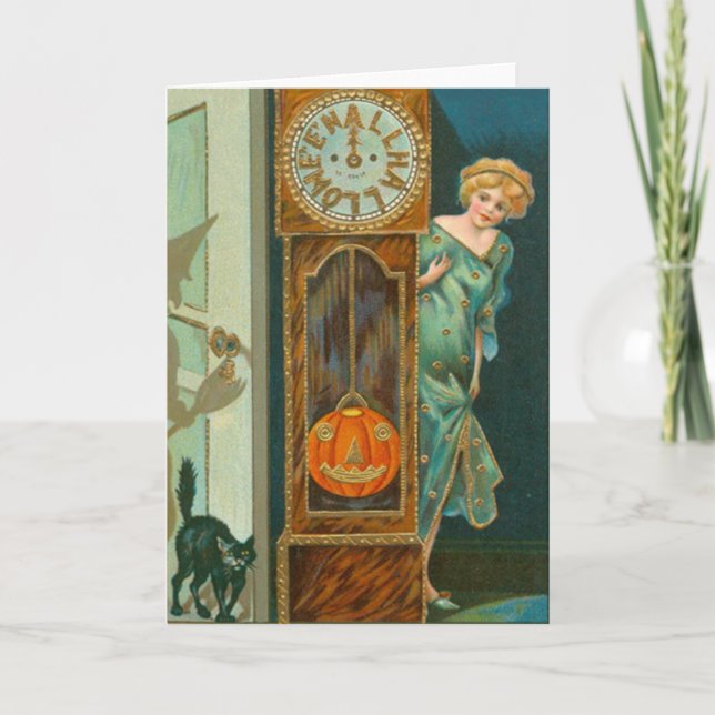 Farfar Clock Black Cat Witch Pumpkin Kort (Framsida)