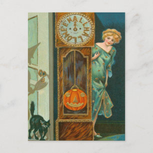 Farfar Clock Black Cat Witch Pumpkin Vykort