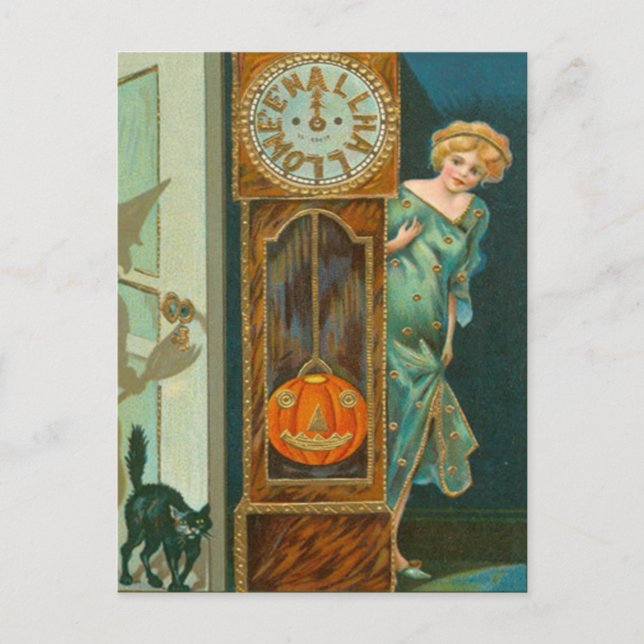 Farfar Clock Black Cat Witch Pumpkin Vykort (Framsida)
