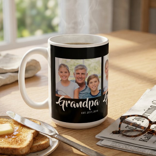 Farfar Estalished Script Svart 3 Foto Kaffemugg (Grandpa Established Script Black 3 Photo Coffee Mug)