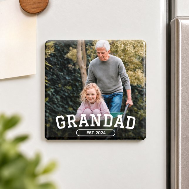 Farfar Grundat Foto Ny Farbror Present Magnet (Grandad Established Photo overlay white text New Grandpa Gift holiday )