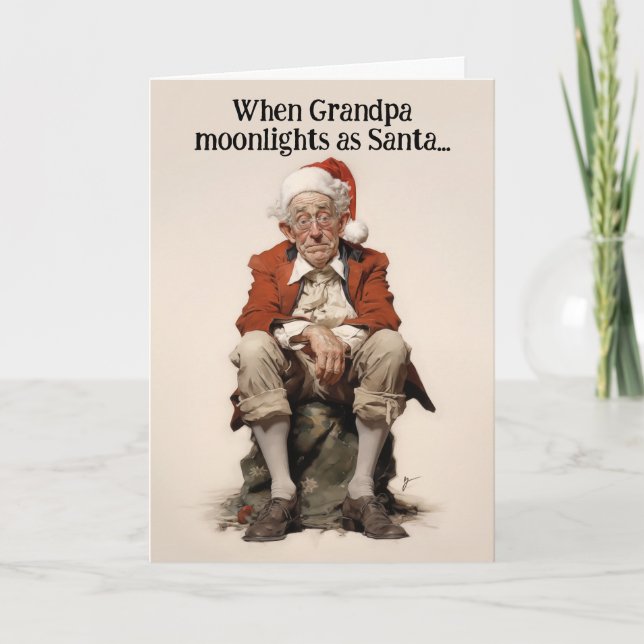Farfar jobbar svart som tomte jullkort kort (Framsida)
