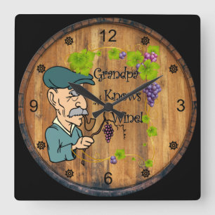 Farfar känner Vin! Vin Barrel Side Background ~ Fyrkantig Klocka