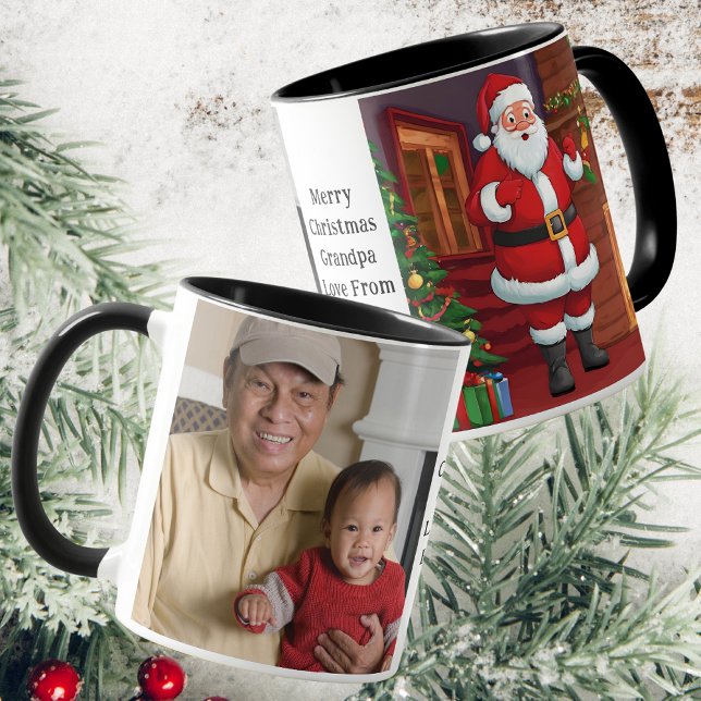 Farfar Photo Surprised Santa Black, vit kaffe Mugg (Front, Back And Side View)
