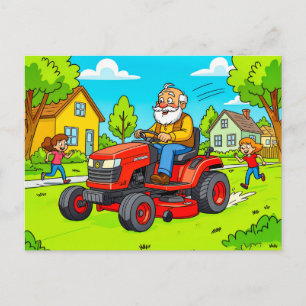 Farfar som drar gräsmatta på en åkande traktor helg vykort