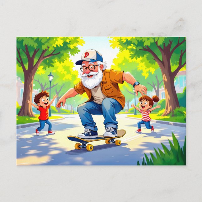 Farfar som tränar skateboard med sonson wat helg vykort (Framsida)