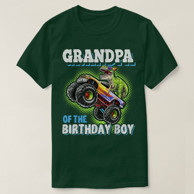 Farfar till Birthday Boy Dinosaur Monster Lastbil T Shirt (Design framsida)