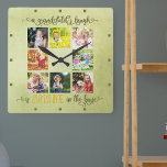 Farföräldrar Fotokollage Rustic Grönt Vattenfärg Fyrkantig Klocka<br><div class="desc">Skapa din egen unika väggklocka för morföräldrar med 8 av dina favoritfoton. Efter att ha skrivit i en vacker kalligrafi står det "ett barnbarns skratt är solsken i huset". Designen har en vattenfärgsbakgrund med mjuk grönt med typografi av oliv grönt och gult. bilderna visas i fyrkantigt format och är ramlöst.Mallen...</div>