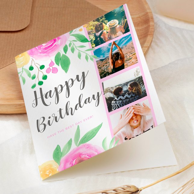 Färg 4 på fotorutnät för blommigt med ljusstyrka kort (Bright floral watercolor 4 photo grid birthday card)