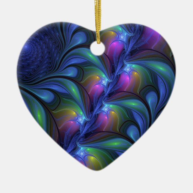 Färg Abstrakt Blått Rosa Grönt Fractal Hjärta Julgransprydnad Keramik (Framsidan)
