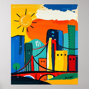 Färg Abstrakt Cityscape med Sol och Bridge Poster