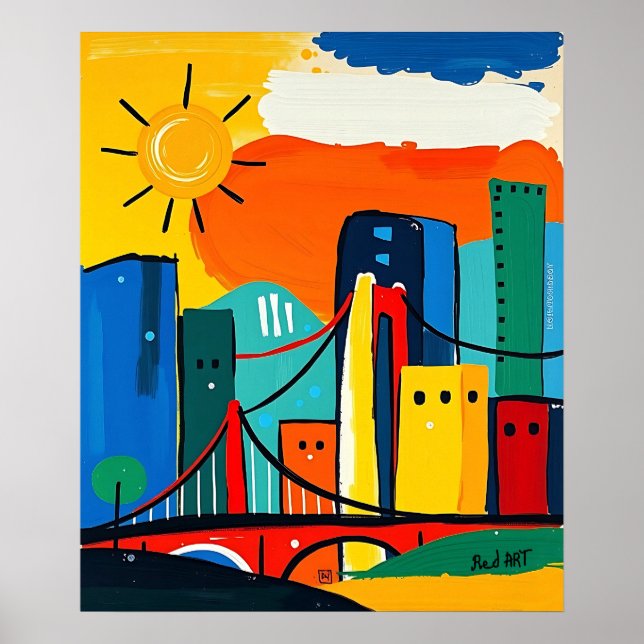 Färg Abstrakt Cityscape med Sol och Bridge Poster (Framsidan)