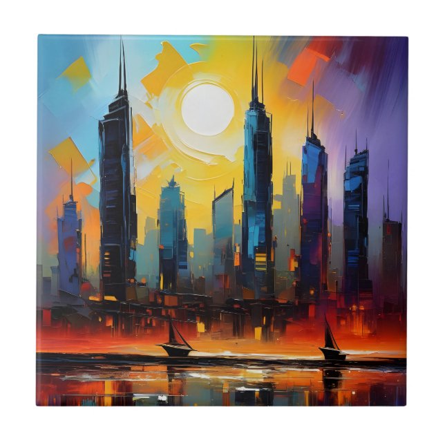 Färg Abstrakt Cityscape Oil Acrylic Paint Kakelplatta (Framsidan)