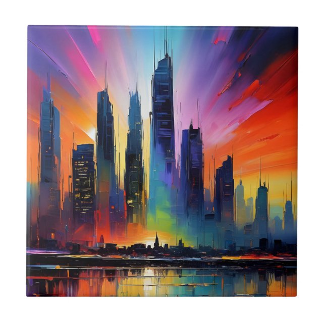 Färg Abstrakt Cityscape Oil Acrylic Paint Kakelplatta (Framsidan)