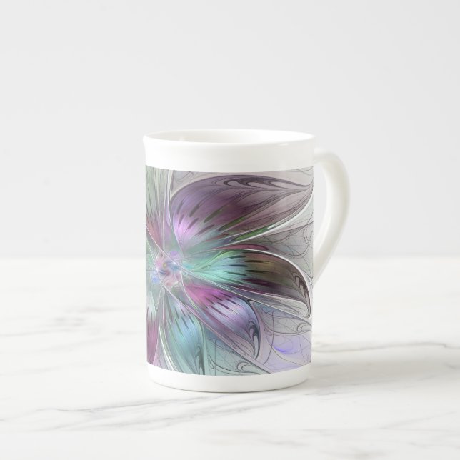 Färg Abstrakt Modern Blommigt Fractal Art Benporslin Mugg (Framsida höger)