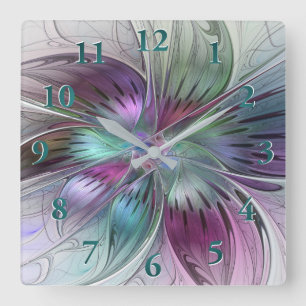 Färg Abstrakt Modern Blommigt Fractal Art Fyrkantig Klocka