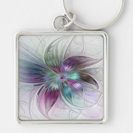 Färg Abstrakt Modern Blommigt Fractal Art Fyrkantig Silverfärgad Nyckelring