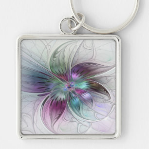 Färg Abstrakt Modern Blommigt Fractal Art Fyrkantig Silverfärgad Nyckelring