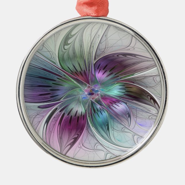 Färg Abstrakt Modern Blommigt Fractal Art Julgransprydnad Metall (Framsidan)