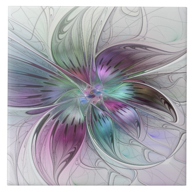 Färg Abstrakt Modern Blommigt Fractal Art Kakelplatta (Framsidan)