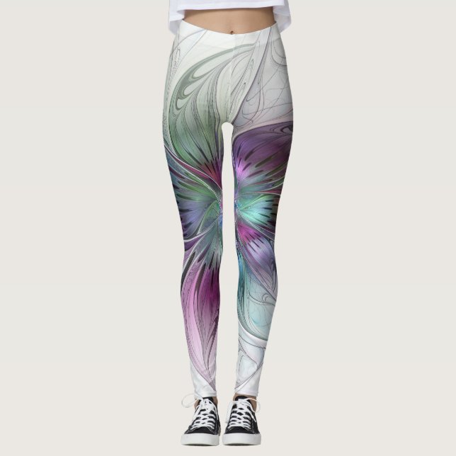 Färg Abstrakt Modern Blommigt Fractal Art Leggings (Framsida)