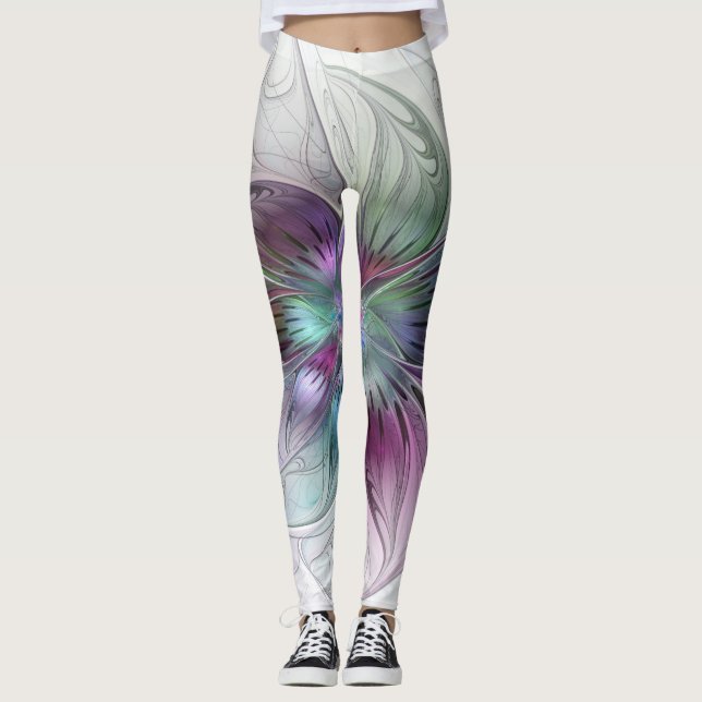 Färg Abstrakt Modern Blommigt Fractal Art Leggings (Framsida)