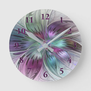 Färg Abstrakt Modern Blommigt Fractal Art Rund Klocka